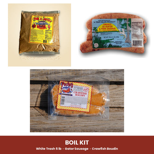Boil Kit: White Trash Boil Seasoning 5 lb, smoked alligator sausage and Poche's crawfish boudin