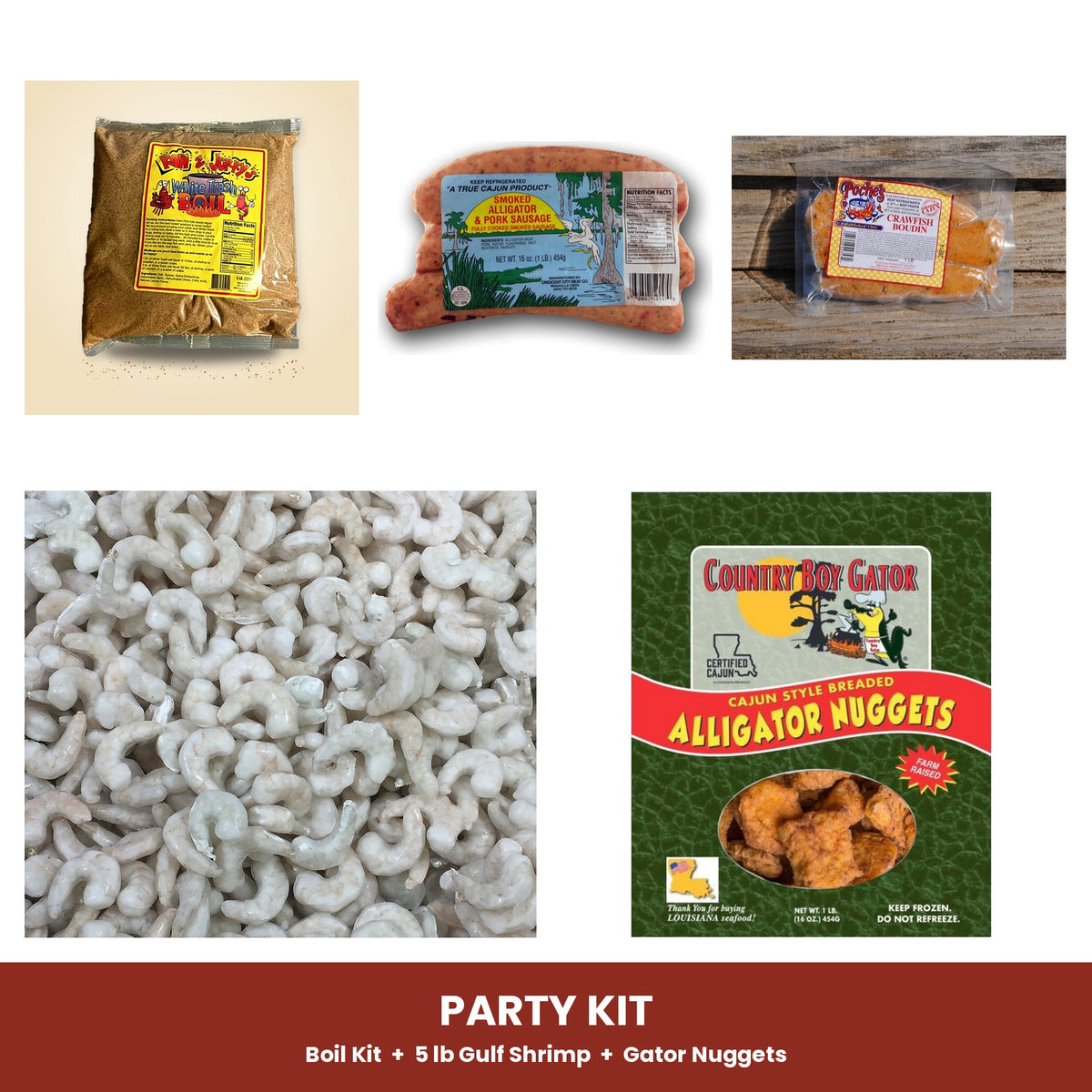 Party Kit: Boil Kit plus 5 lb Gulf shrimp and gator nuggets